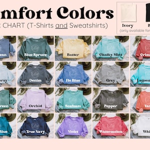 May include: Color chart for t-shirts and sweatshirts in a variety of colors, including blue jean, blue spruce, butter, chalky mint, crimson, chambray, denim, flo blue, grey, lagoon blue, light green, orchid, seafoam, pepper, yam, topaz blue, true navy, violet, watermelon, and white. Ivory and black are also available, but only for t-shirts.