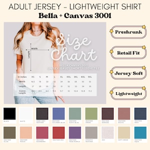 Pode incluir: Tabela de tamanhos para uma camiseta unissex de manga curta Bella + Canvas 3001. A tabela inclui medidas em polegadas, com uma largura que varia de 41,9 cm a 81,3 cm, e uma paleta de cores.