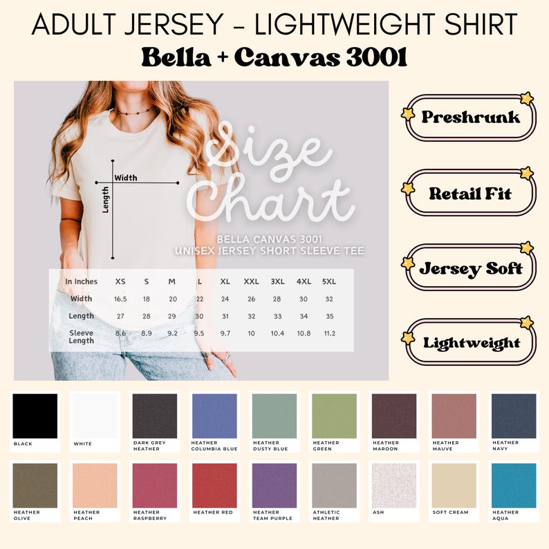 Pode incluir: Tabela de tamanhos para uma camiseta unissex de manga curta Bella + Canvas 3001. A tabela inclui medidas em polegadas, com uma largura que varia de 41,9 cm a 81,3 cm, e uma paleta de cores.