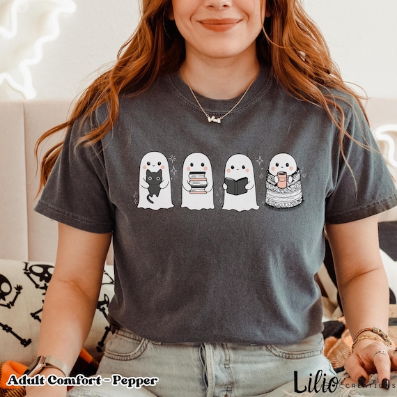 Comfort Colors® Cute Ghost Shirt Halloween Bookish T Shirt Cozy Fall Ghost Tee Book Lover Teacher Aesthetic Ghost Cat Spooky Season Tee