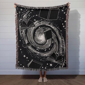 Vintage Bookish Sci-Fi Stars Woven Blanket, Outer Space Throw, Galaxy Swirl Tapestry, Astrology Art Gift, Celestial Dark Academia Decor