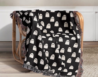 Minimalist Ghost Throw Blanket with Fringe: Black and White Halloween Decor and Heirloom Tapestry
