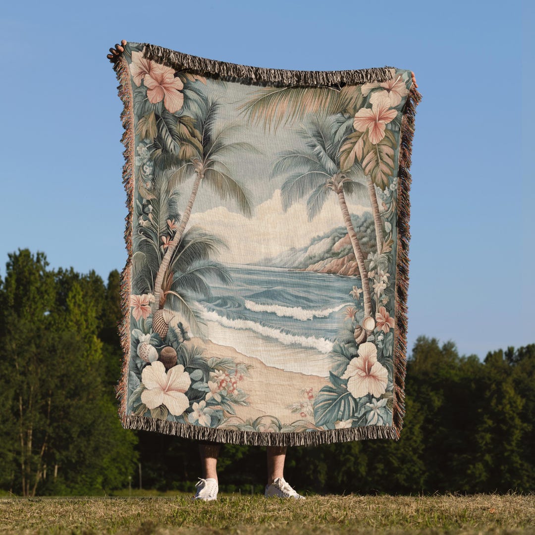Tropical Vintage Coastal Woven Blanket, Palm Tree Hibiscus Throw