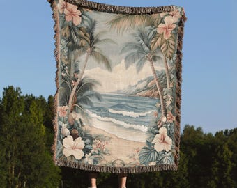Tropical Beach Woven Blanket – 100% Cotton Coastal Throw With Palm
