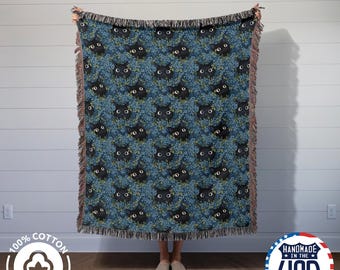 Kawaii Black Cat Woven Blanket: 100% Cotton Whimsical Throw