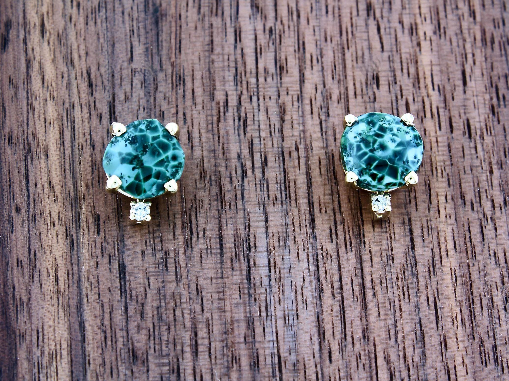 Isle Royale Greenstone Chlorastrolite w/ Natural Diamond Earrings Set in 14 Kt. Yellow Gold, Hand Crafted in Michigan
