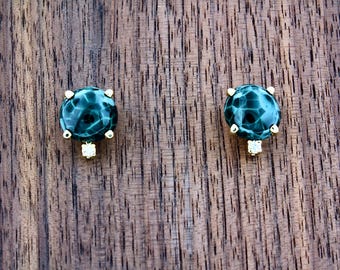 Isle Royale Greenstone Chlorastrolite w/ Natural Diamond Earrings Set in 14Kt Yellow Gold, Hand Crafted in Michigan
