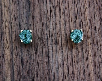 Isle Royale Greenstone Chlorastrolite Earrings Set in 14 Kt. Yellow Gold, Hand Crafted in Michigan