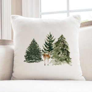 Fawn And Evergreens Rustic Forest Wilderness Accent Throw Pillow Cover, Fawn And Evergreens Christmas Accent Throw Pillow Cover, Deer Art
