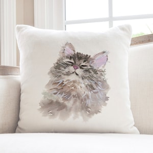 Cat Watercolor Accent Pillow Cover, Sleepy Kitty Cat Portrait Home Decor Pillow Cover image 1