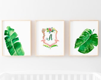 Personalize-able Three Print Bundle, Initial Crest And Tropical Banana Leaf Prints, Tropical Nursery Print, Letter Crest And Monstera Leaves