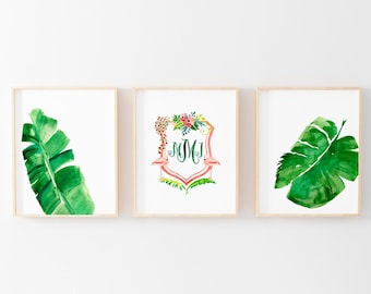 Three Print Bundle, Three Initial Crest And Tropical Banana Leaf Prints, Tropical Nursery Print, Letter Crest And Monstera Leaves Watercolor