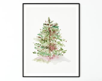 Tree Print From Original Watercolor, Christmas Holiday Art, Christmas Tree Watercolor, Tree Forest Art, Red and Green