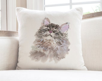 Cat Watercolor Accent Pillow Cover, Sleepy Kitty Cat Portrait Home Decor Pillow Cover