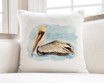 Pelican Decor Accent Throw Pillow, Tropical Decor Accent Pillow, Brown Pelican Watercolor Throw Pillow, Coastal Beach Pelican Accent Pillow