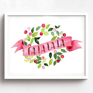 DIGITALE DOWNLOAD Afdrukbare Wall Art Aquarel Berry Krans Fa La La La La Christmas Wall Art Decor, Kerstmis Wall Art Print voor vakantie Decor