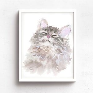 May include: Watercolor painting of a fluffy gray cat with closed eyes, a pink nose, and a relaxed expression. The cat is depicted in a soft, dreamy style.