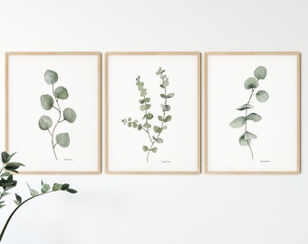 DIGITALER DOWNLOAD Druckbares Eukalyptus Aquarell Wandkunst Set, Eukalyptus Home Dekor, Grüne botanische Blätter, drei Drucke Wandkunst