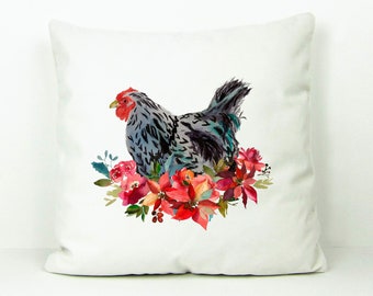 Chicken Watercolor Accent Throw Pillow Cover, Chicken Holiday French Hen Pillow Cover, Chicken And Christmas Poinsettias Nesting Hen Decor