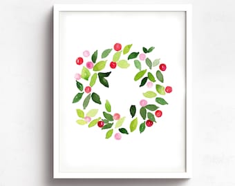 Berries And Green Leaves Wreath Watercolor Giclee Art Print, Spring Or Christmas Holiday Berry Wreath Wall Art Print, Holiday Watercolor