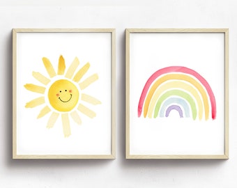 Watercolor Sun And Rainbow Two Print Set For Kids Room Wall Art, Sun And Rainbow Nursery Wall Art Prints, Two Print Set For Nursery Or Kids