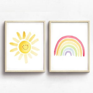 Watercolor Sun And Rainbow Two Print Set For Kids Room Wall Art, Sun And Rainbow Nursery Wall Art Prints, Two Print Set For Nursery Or Kids