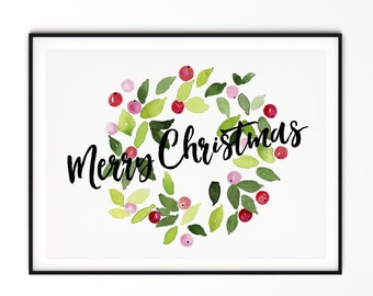 DIGITAL DOWNLOAD Printable Wall Art Merry Christmas Watercolor Berry Wreath For Holiday Home Décor, Christmas Print Berry And Leaves Wreath