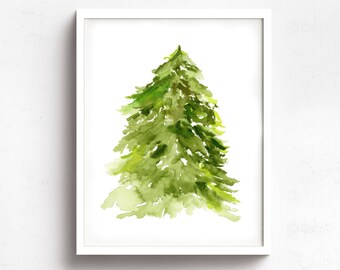 Watercolor Evergreen Tree Art Print, Holiday Home Decor