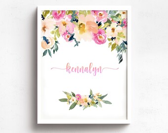 Personalized Baby Girl Flowers And Name Watercolor Art Print, Customized Flowers And Name Nursery Wall Art, Baby Girl Floral Name Print