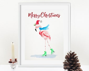 Christmas Flamingo Wall Art Print, Flamingo Skating Christmas Watercolor Print, Flamingo Watercolor Holiday Art Print, Merry Christmas Print