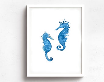 Seahorses Watercolor Giclee Art Print, Blue Seahorses Wall Art, Children's Room Wall Art, Nursery Decor Art Print, Tropical Wall Art