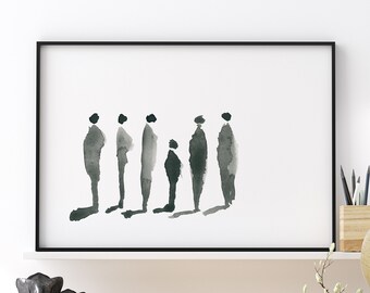 Impresión de acuarela minimalista en blanco y negro: personas urbanas contemporáneas haciendo fila, impresión de arte abstracto contemporáneo moderno.