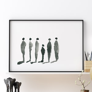 Black And White Minimalist Watercolor Art Print, Urban Contemporary People Standing In Line, Modern Contemporary Abstract Art Print