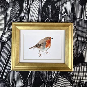 Framed Watercolor Robin Print: Small Bird Art, Antique Gold Or Bronze Colored Frame