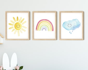 Sun Cloud Rainbow Nursery Art Print Set, Nursery Wall Art Prints, Kids Room Rainbow Wall Art, Baby Rainbow Wall Decor, Watercolor Nursery