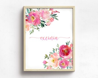 Personalized Baby Girl Flowers And Name Watercolor Art Print, Customized Flowers And Name Nursery Wall Art, Baby Girl Floral Name Print