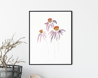 Purple Coneflowers Print from Original Watercolor, Flower Wall Art, Purple and Pink Pastel Tones, Botanical Flower Print