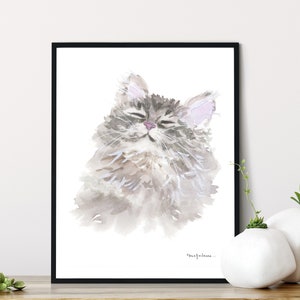 Cat Watercolor Print, Sleepy Kitty Watercolor, Russian Siberian Cat Watercolor Print, Siberian Fluffy Watercolor Cat Print, Gray Cat Art