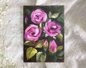 Roses Original Acrylic Floral 5 x 7 Painting On Canvas Panel, Roses Wall Art Painting For Home Decor, Botanical Original Pink And Green Art