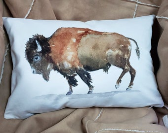 Buffalo Accent Throw Pillow Cover, Rustic Western Pillow Cover, Bison Accent Pillow, Ranch Home Decor, Buffalo Watercolor Accent Pillow