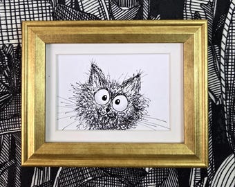 Framed Silly Cat Pen And Ink Illustration