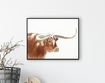 Longhorn Art Print from Original Watercolor, Western Style Art Print, Rusty Brown Tones Wall Decor, Farm and Ranch Wall Decor, Longhorns Art