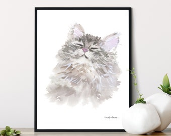 Cat Watercolor Print, Sleepy Kitty Watercolor, Russian Siberian Cat Watercolor Print, Siberian Fluffy Watercolor Cat Print, Gray Cat Art