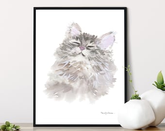 Cat Watercolor Print, Sleepy Kitty Watercolor, Russian Siberian Cat Watercolor Print, Siberian Fluffy Watercolor Cat Print, Gray Cat Art