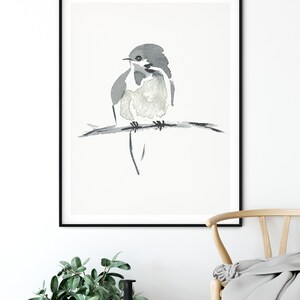 Little Bird Minimalist Print from My Original Watercolor, Black and White Bird Watercolor Print, Grey Neutral Tones, Neutral Gray Wall Art image 3