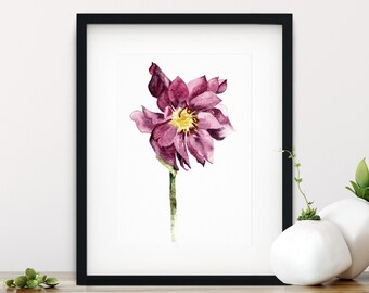 Spring Hellebore Flower Print From Original Watercolor, Plum Tone Flower Wall Art Print, Hellebore Flower Wall Decor, Pink Plum Burgundy Art