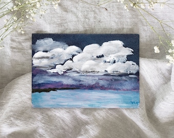 Original Acrylic Painting On Canvas Board Of Clouds and Ocean With Pink Sunset