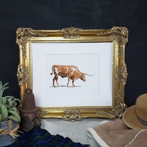 Longhorn Watercolor Painting Art Print: Farmhouse Western Decor
