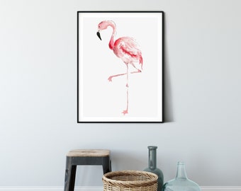 Pink Flamingo Watercolor Painting Print, Flamingo Wall Art Home Decor, Pink Coral Flamingo Wall Art Print, Coastal Art Print, Beach Art