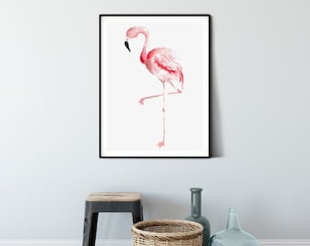 Pink Flamingo Watercolor Art Print, Coastal Home Decor